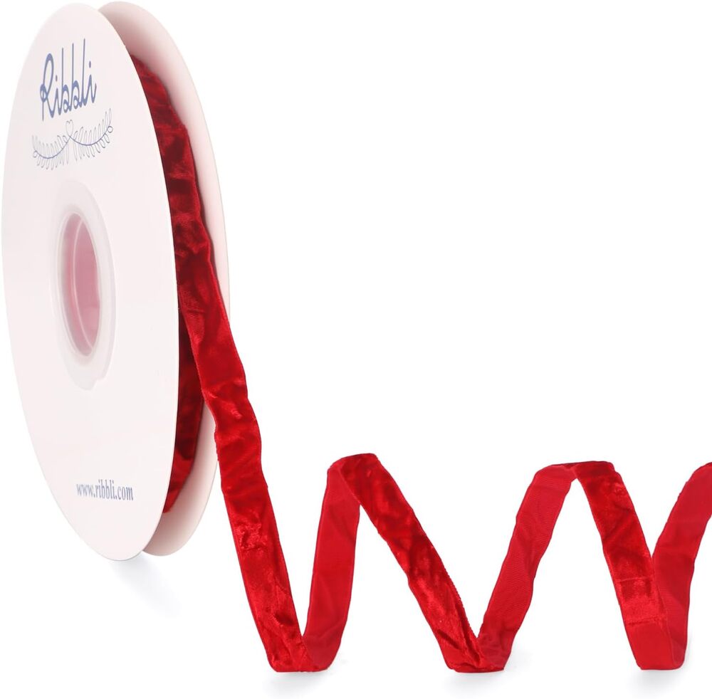 Ribbli Dark Red Velvet Ribbon 3/8" x 10 Yards Crinkled Luxury Gift Wrap Craft